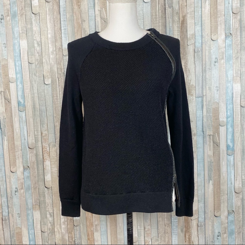 Vince S Black Leather Trim Zipper Textured 100% Wool Knit Sweater Pullover - Picture 4 of 14